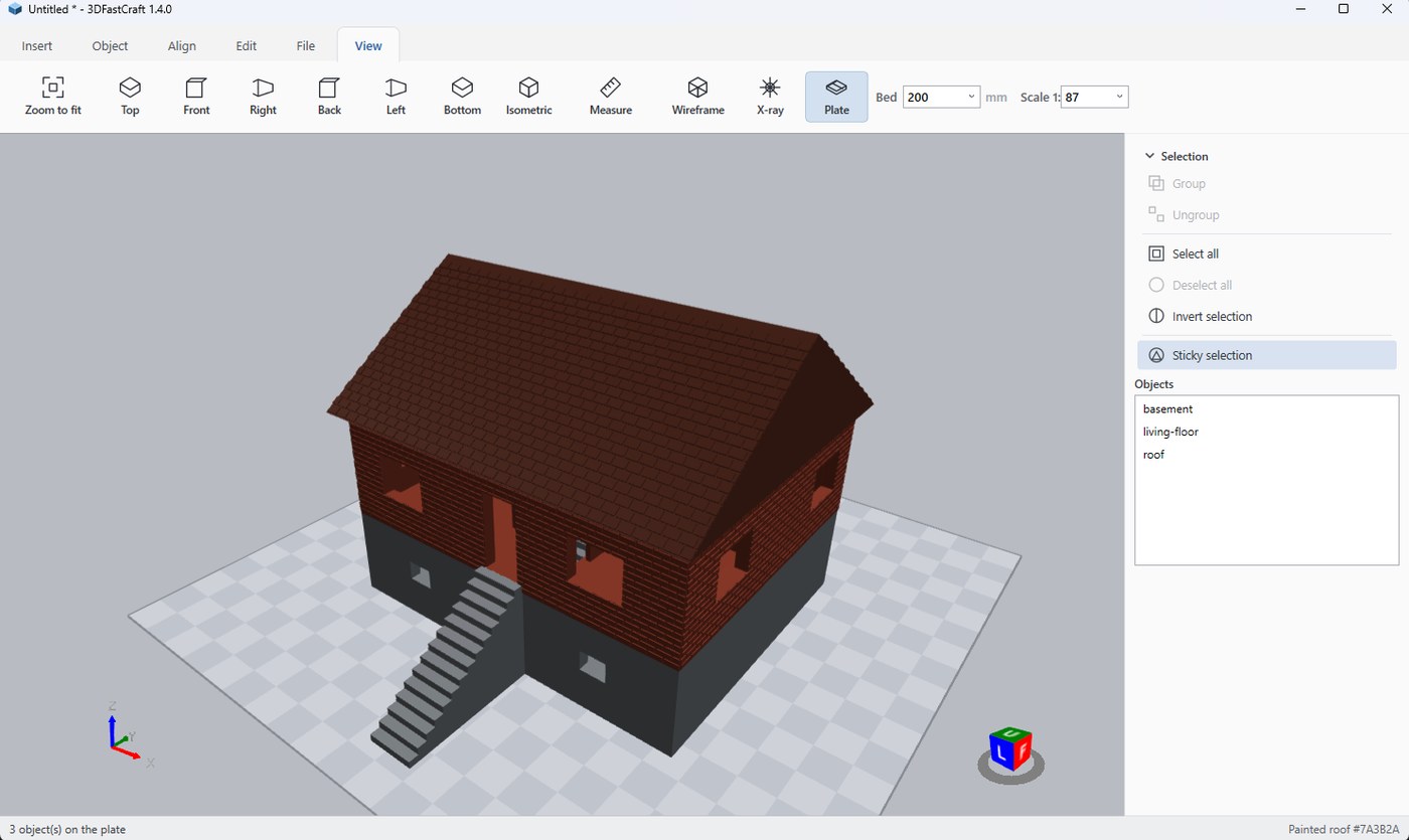 3DFastCraft showing a three-part architectural model of a house on the build plate