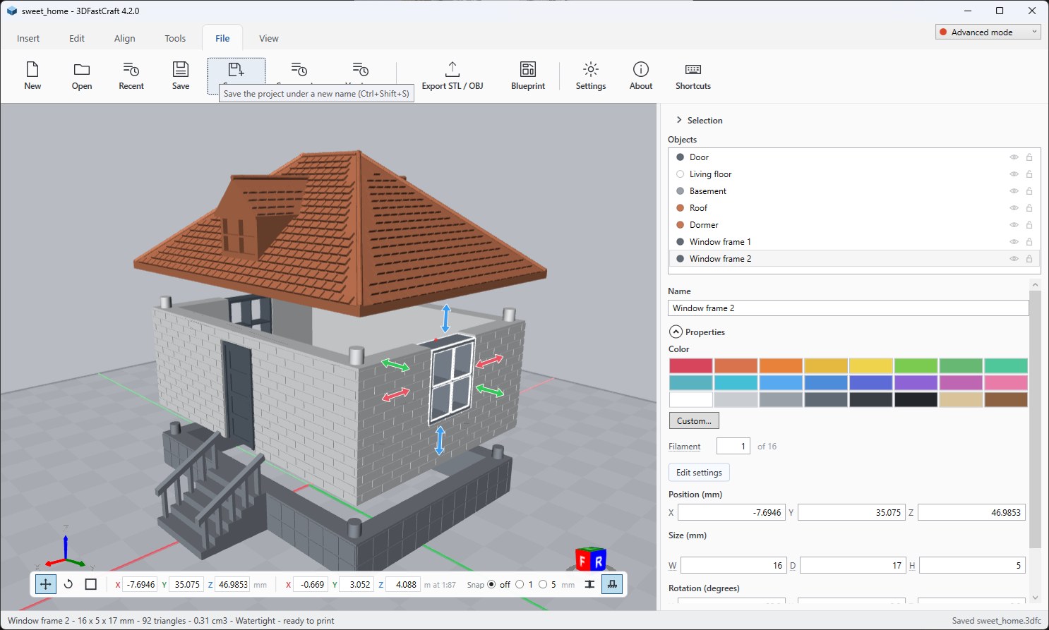 3DFastCraft with a 1:87 house on the build plate: a tiled hip roof with a dormer, brick walls with a door and windows, a basement and a stair from the Library