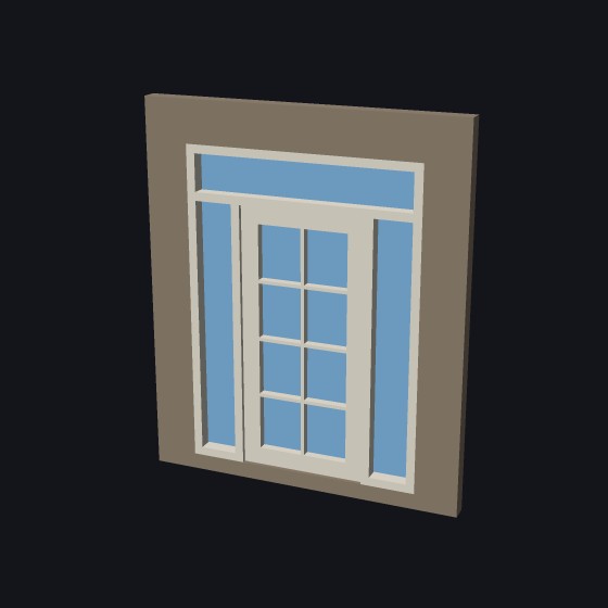 A model entrance: a glazed door with a sidelight on each side and a glazed transom over it