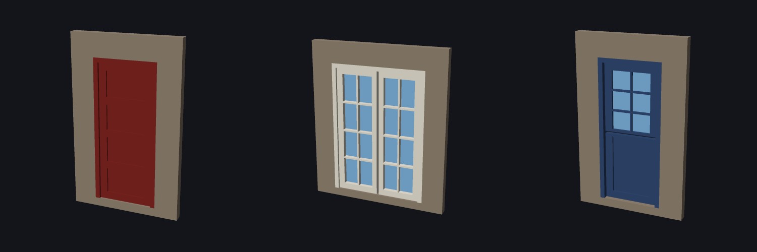 Three model doors on a wall: a paneled red door, white French doors with eight lights in each leaf, and a blue Dutch door