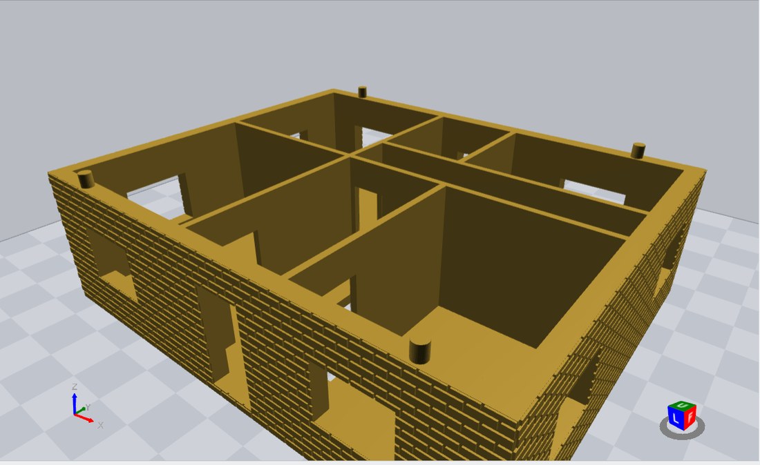Brick courses laid around window openings that were already cut