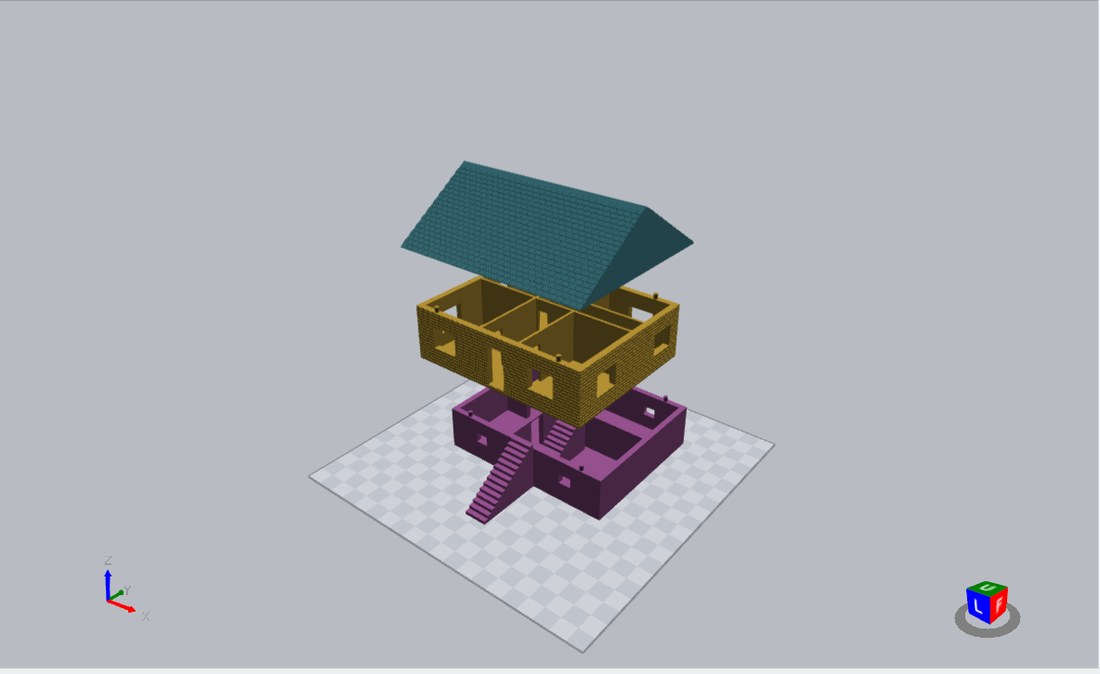 Three printed parts of a 1:87 house shown apart: basement, living floor and roof