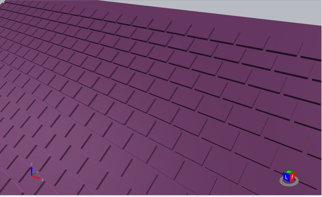 Close-up of roof tiles, staggered courses with a heavier line under each