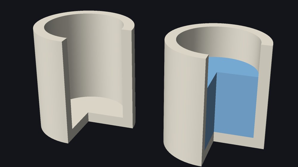 Two cups cut open: one empty, one filled with a blue part up to a level