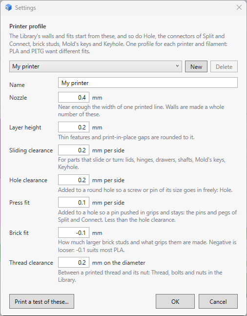 The Printer profile dialog: name, nozzle, layer height and the five fits