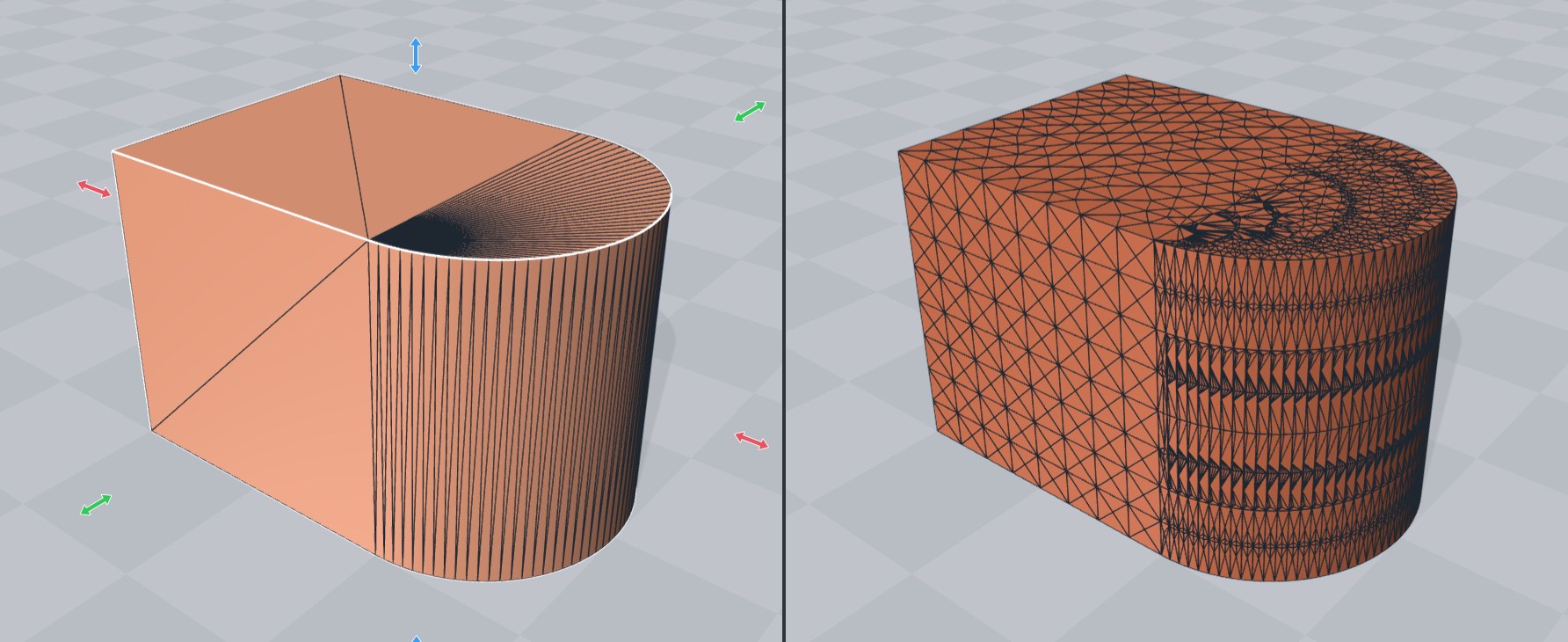 The same merged part in wireframe: a fan of slivers across its top, and the even triangles Rebuild made of it