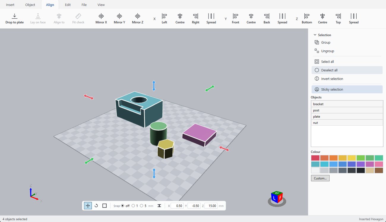 The Align tab of 3DFastCraft, with an example on the build plate