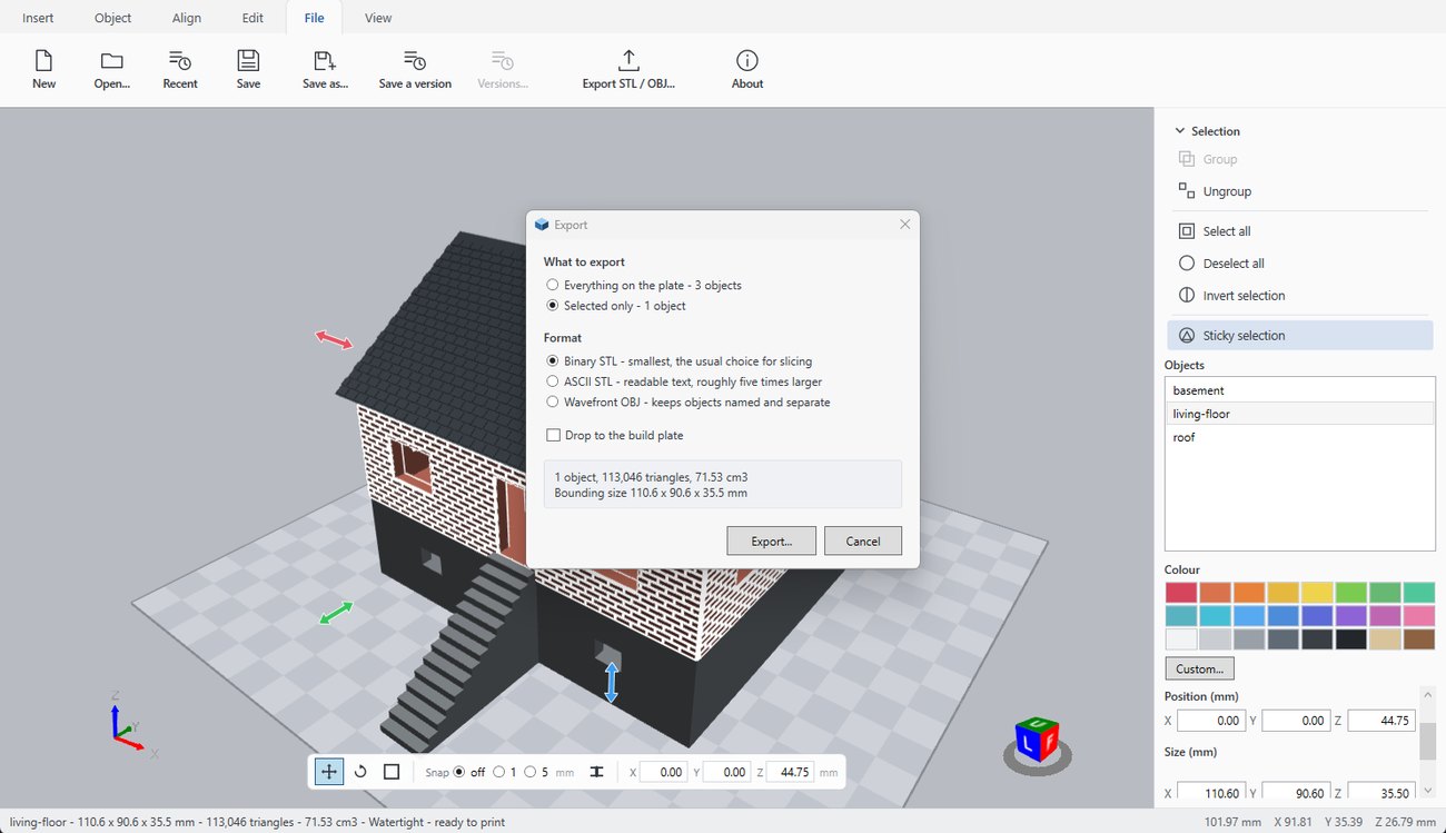 The File tab of 3DFastCraft, with an example on the build plate