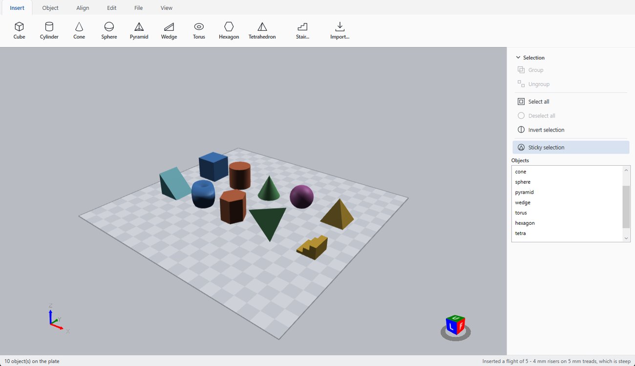 The Insert tab of 3DFastCraft, with an example on the build plate