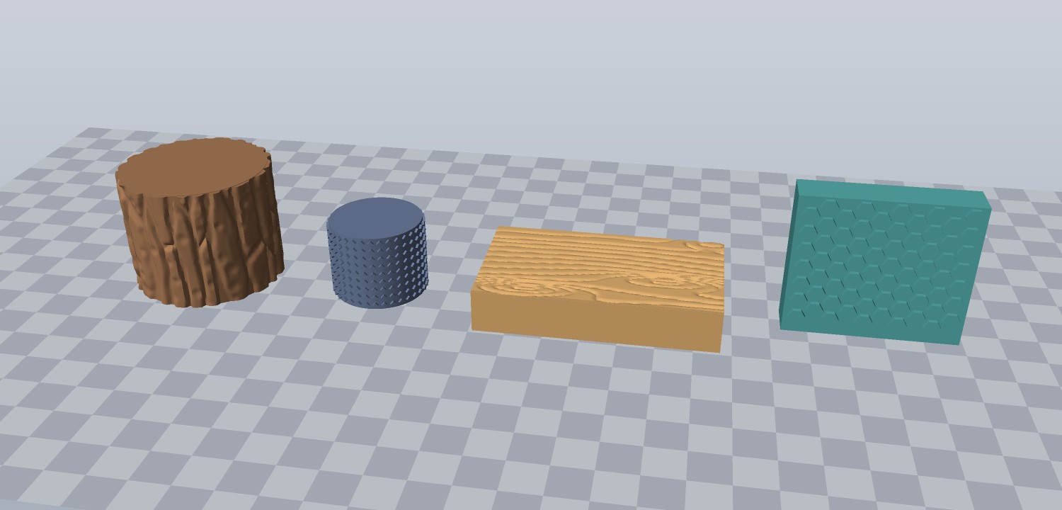 A bark barrel, a knurled knob, a wood grain board and a honeycomb panel, each a plain shape with one 3D texture