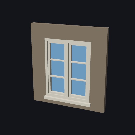 A model casement window with two casements, each with three lights, set back in the frame