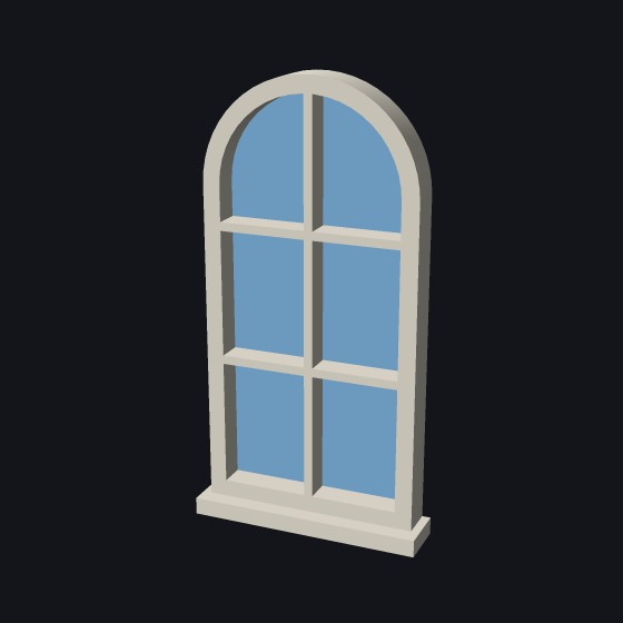 A fixed model window with an arched top and two by three panes
