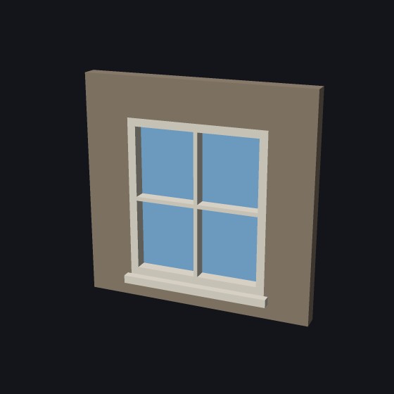 A fixed model window with two by two panes, glazing bars and a sill, set in a wall