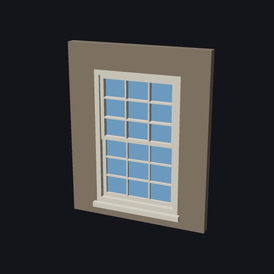 A single hung model window with six lights in each of its two sashes