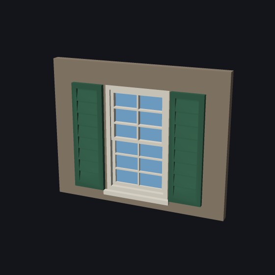 A model window with a pair of green louvered shutters