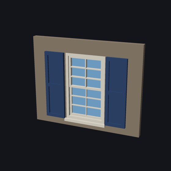 A model window with a pair of blue paneled shutters