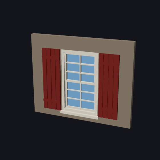 A model window with a pair of red plank shutters with two battens
