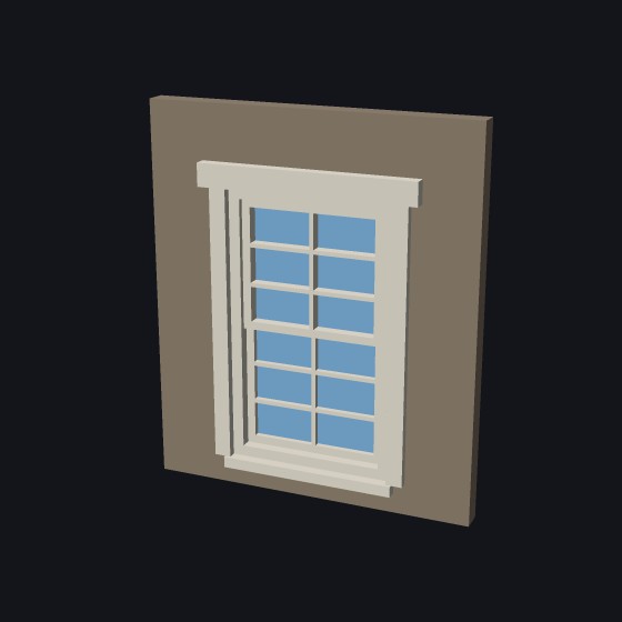 A model window with a lintel over the head, wider than the trim at the sides and standing out further