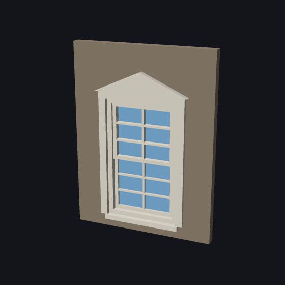 A model window with a pediment, a triangle over a band of trim at the head