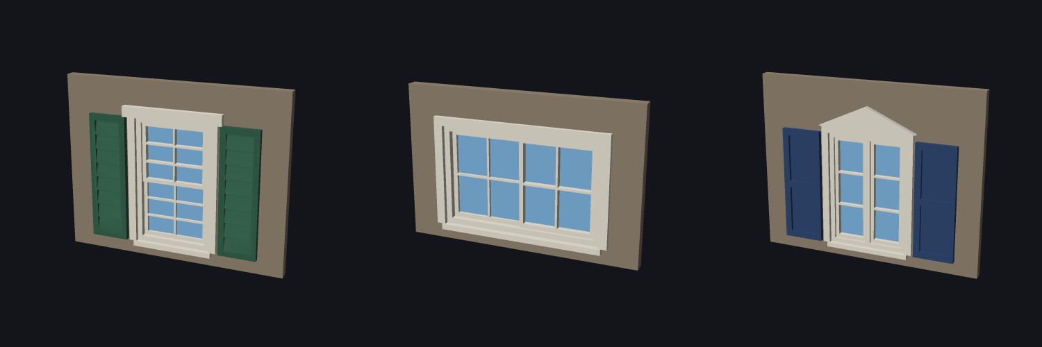 Three model windows on a wall: single hung with a lintel and louvered shutters, sliding with plain trim, and a casement pair with a pediment and paneled shutters